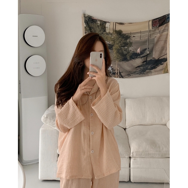 22S/S 預訂｜JUUNEEDU DAISY 格紋長袖睡衣套裝 2色