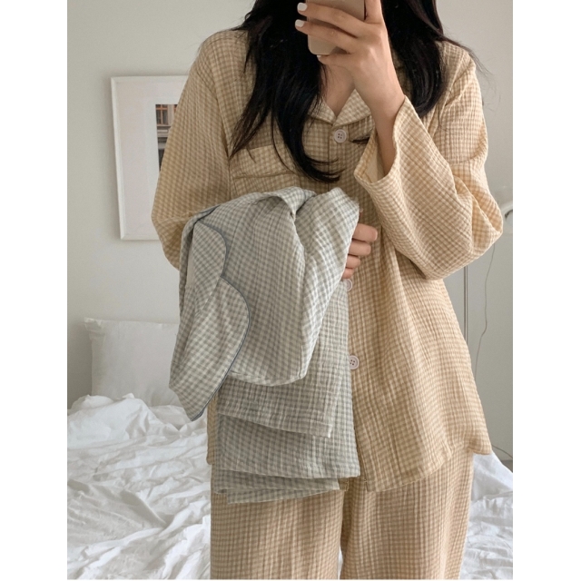 22S/S 預訂｜JUUNEEDU DAISY 格紋長袖睡衣套裝 2色