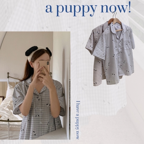 22S/S 預訂｜JUUNEEDU PUPPY 格仔紋短袖睡衣套裝 2color