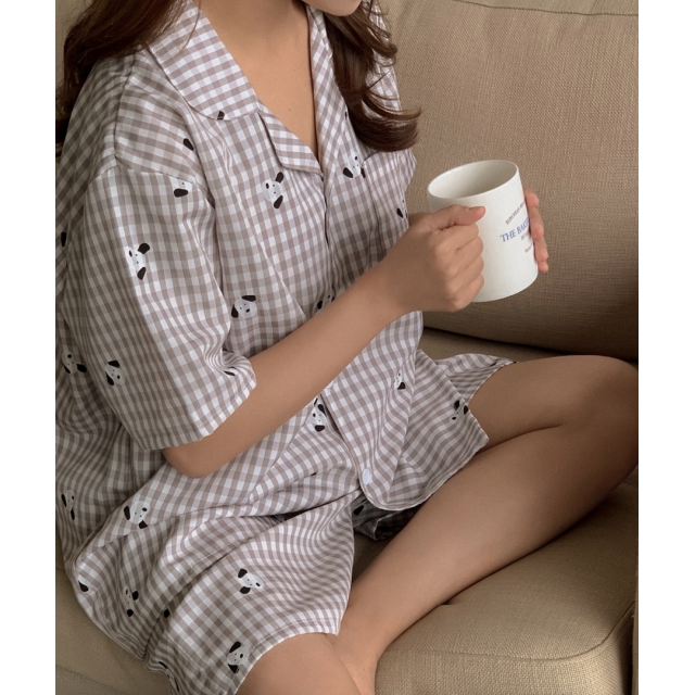 22S/S 預訂｜JUUNEEDU PUPPY 格仔紋短袖睡衣套裝 2color