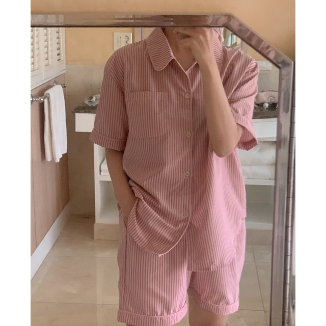 22S/S 預訂|JUUNEEDU 希臘條紋短袖睡衣套裝 2色 22S/S 預訂|JUUNEEDU 希臘條紋短袖睡衣套裝 2色