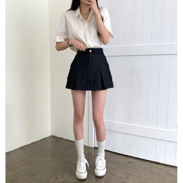 春季預訂|牛仔打摺側口袋短裙 春季預訂|牛仔打摺側口袋短裙