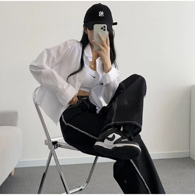 春季預訂｜NON FADE 黑色車線邊牛仔寬褲 (S-3XL)