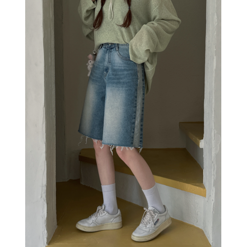 夏季預訂｜VINTAGE拼色撕邊牛仔短寬褲