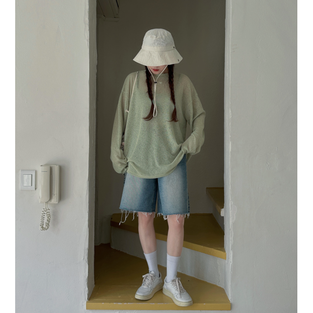 夏季預訂｜VINTAGE拼色撕邊牛仔短寬褲