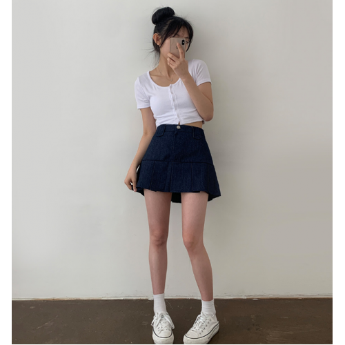 夏季預訂｜鈕扣牛仔布粗百褶裙