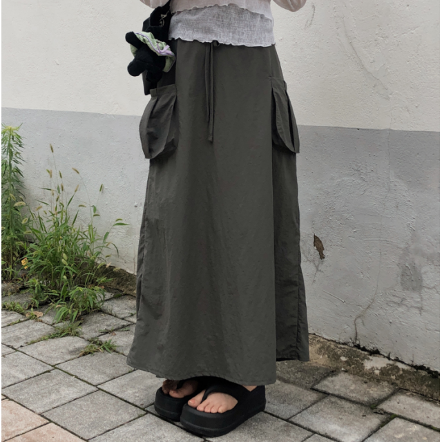夏季預訂｜工裝後開叉口袋鬆緊腰長裙