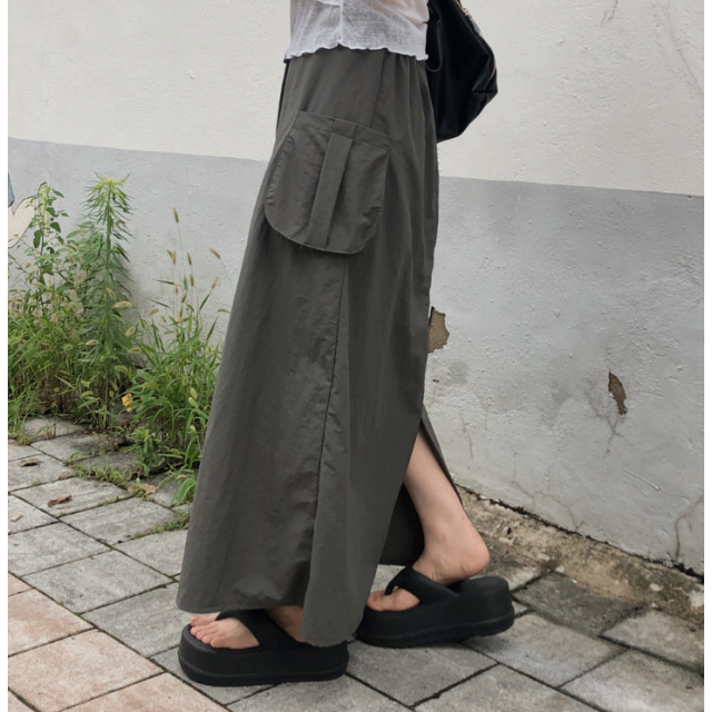 夏季預訂｜工裝後開叉口袋鬆緊腰長裙