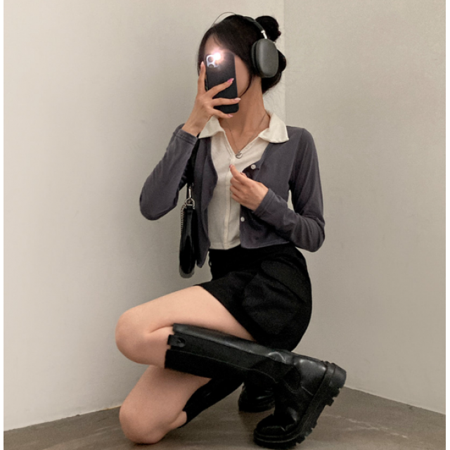 早秋預訂｜拼色翻領假兩件鈕扣長袖上衣
