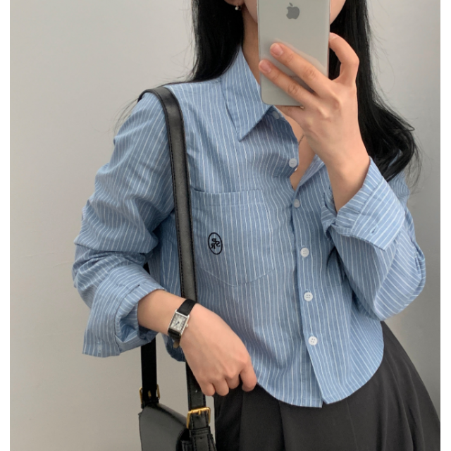早秋預訂|刺繡直紋短身長袖恤衫 早秋預訂|刺繡直紋短身長袖恤衫