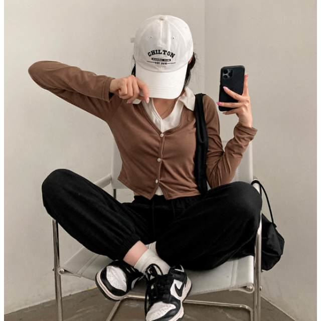 早秋預訂｜拼色翻領假兩件鈕扣長袖上衣