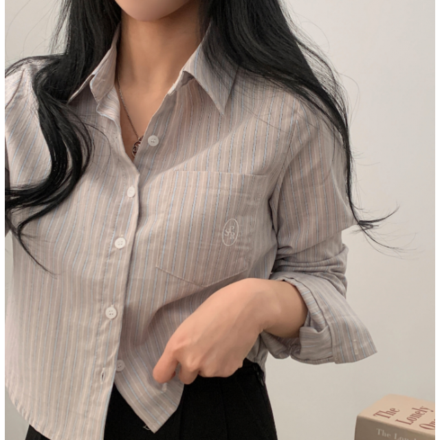 早秋預訂|刺繡直紋短身長袖恤衫 早秋預訂|刺繡直紋短身長袖恤衫