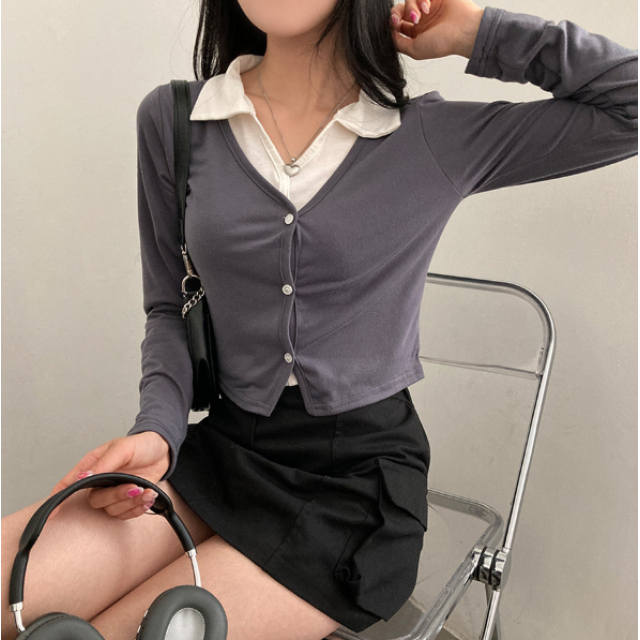 早秋預訂｜拼色翻領假兩件鈕扣長袖上衣