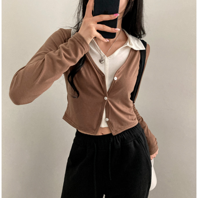早秋預訂｜拼色翻領假兩件鈕扣長袖上衣