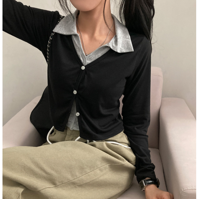 早秋預訂｜拼色翻領假兩件鈕扣長袖上衣