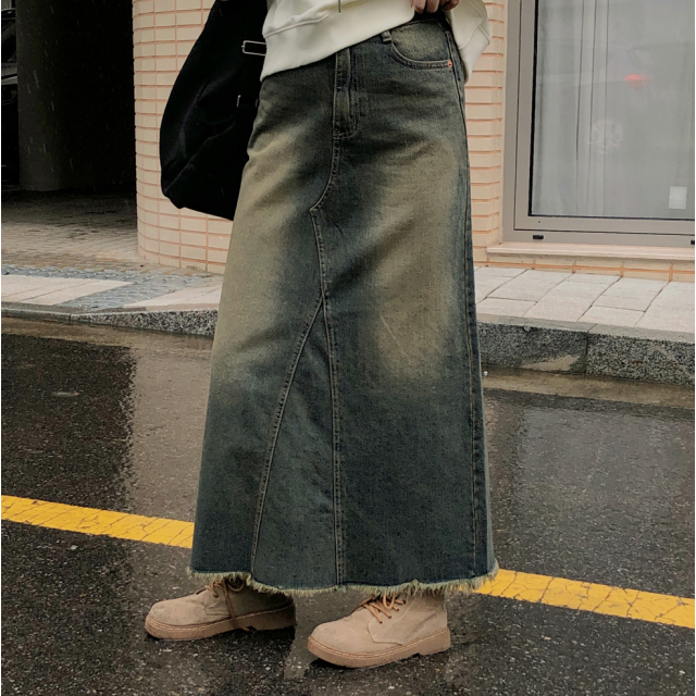 早秋預訂｜水洗毛邊牛仔長裙