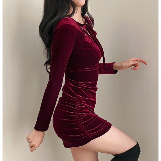 秋冬預訂｜【年終造型】VELVET 束繩綁帶抓皺連身裙