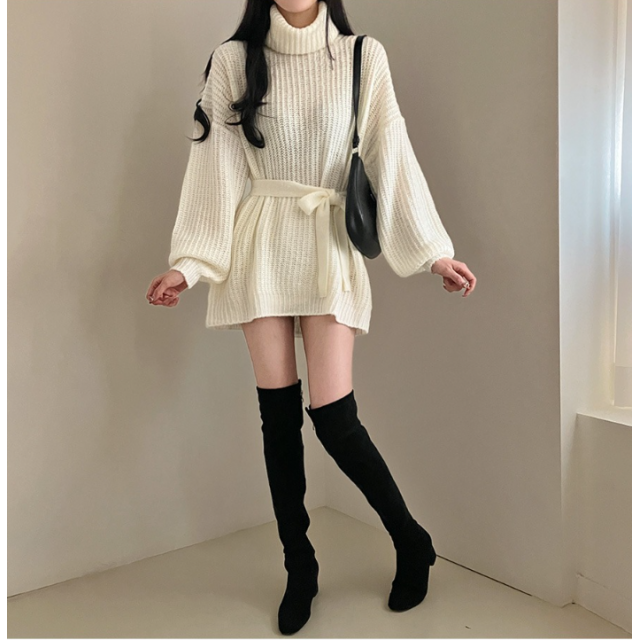 秋冬預訂｜樽領腰綁帶寬鬆針織連身裙