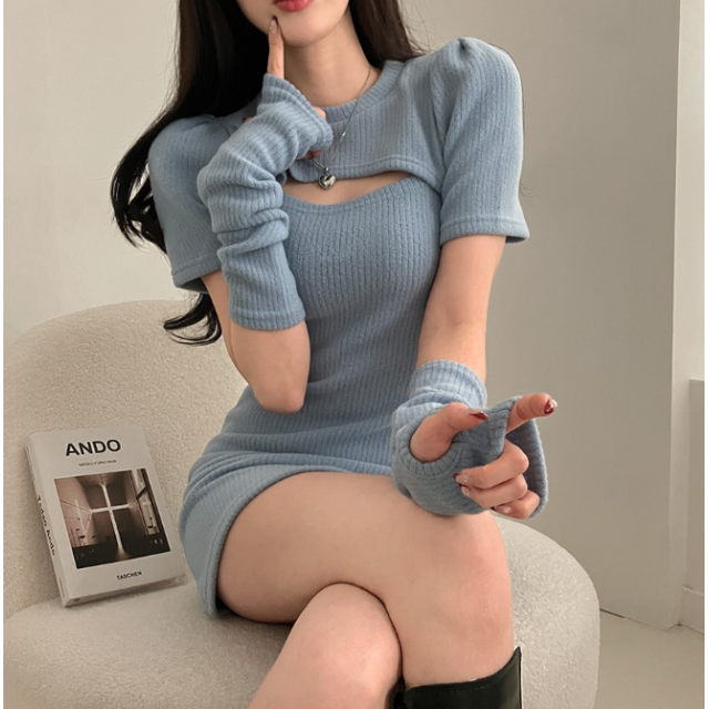 春季預訂｜WARMER SET! 心口開衩泡泡袖短袖羅紋連身裙