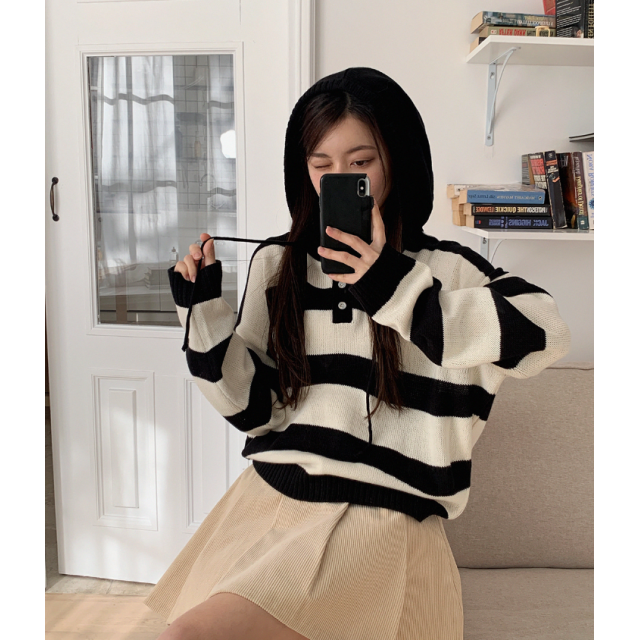 春季預訂｜日常條紋寬鬆針織HOODIE
