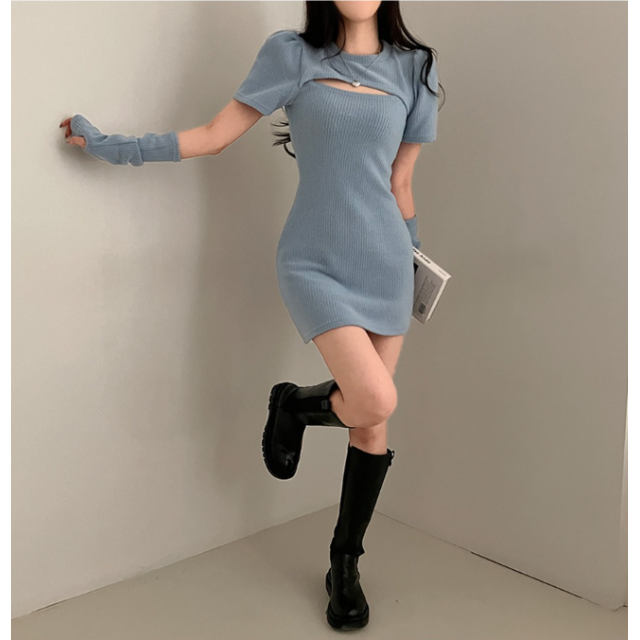 春季預訂｜WARMER SET! 心口開衩泡泡袖短袖羅紋連身裙