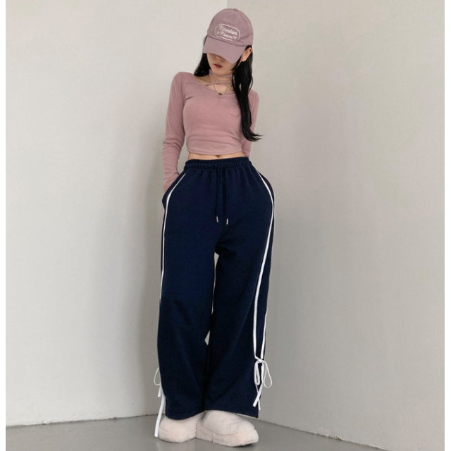 秋冬預訂｜綁帶絲帶線條有絨棉褲