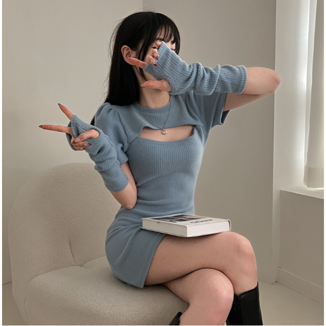 春季預訂｜WARMER SET! 心口開衩泡泡袖短袖羅紋連身裙