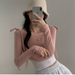 1月回饋優惠❤️預訂｜奶油玫瑰短版緞帶長袖上衣