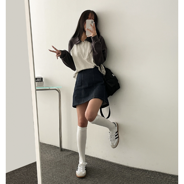 春季預訂｜牛仔車線後鬆緊腰A字短裙
