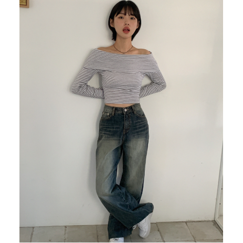 春季預訂｜斜裁寬鬆水洗牛仔褲