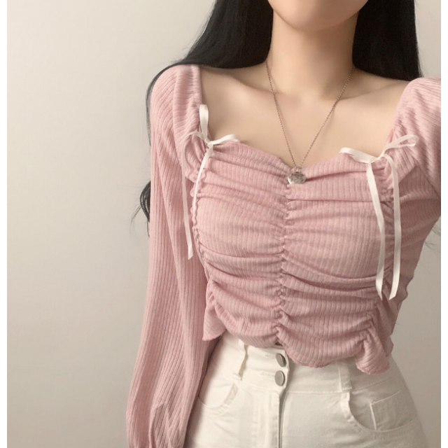 春季預訂｜芭蕾舞緞帶抽褶短款露肩上衣