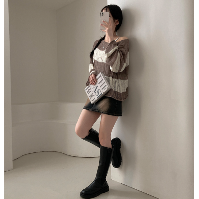 春季預訂｜條紋網狀透視露肩針織上衣